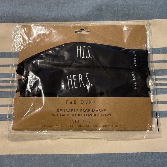 5 for $25 Rae Dunn‎ His Hers Reusable Face Masks Black NEW - Picture 3 of 8